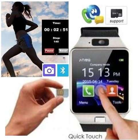 Smart Watch Phone -  SIM CARD, Bluetooth, Camera, Sleep Monitor, SD Card, MP3 etc. - Silver