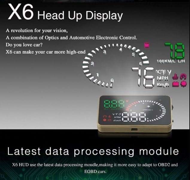 X6 HD LED Car HUD Head up Display Projector, OBDII Interface, Show Speed, Fuel Consumption, Temp....