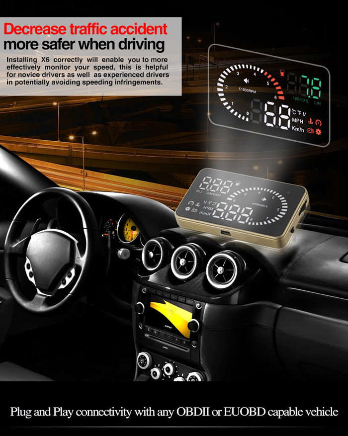 X6 HD LED Car HUD Head up Display Projector, OBDII Interface, Show Speed, Fuel Consumption, Temp....