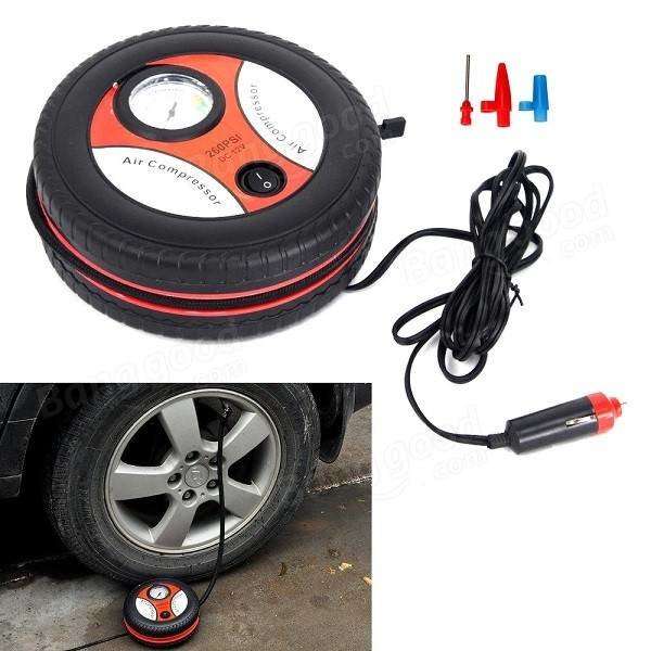 12V Portable and Compact Electric Compressor - 260 PSI with Pressure Gauge and 3 Nozzle Adapters