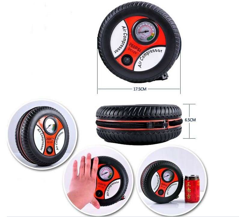 12V Portable and Compact Electric Compressor - 260 PSI with Pressure Gauge and 3 Nozzle Adapters