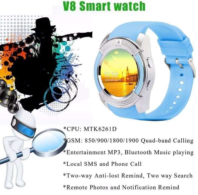 V8 Sporty Smart Watch Phone, SIM CARD, Bluetooth, Camera, Sleep Monitor, SD Card, Pedometer etc.BLUE