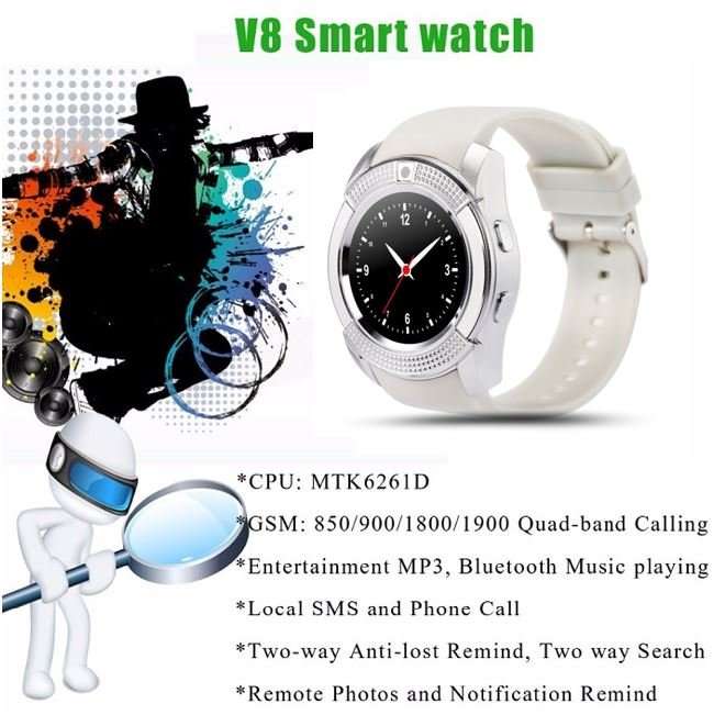 WHITE V8 Sporty Smart Watch Phone, SIM CARD, Bluetooth, Camera,Sleep Monitor,SD Card, Pedometer etc.