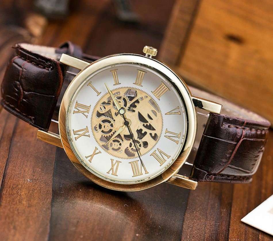 Trendy & Stylish Men's Leather Skeleton Wrist Watch in Gold & Brown OR Gold & Black
