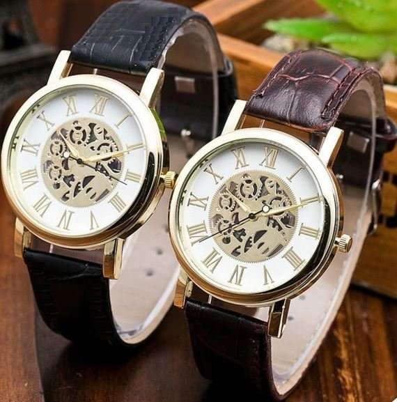 Trendy & Stylish Men's Leather Skeleton Wrist Watch in Gold & Brown OR Gold & Black