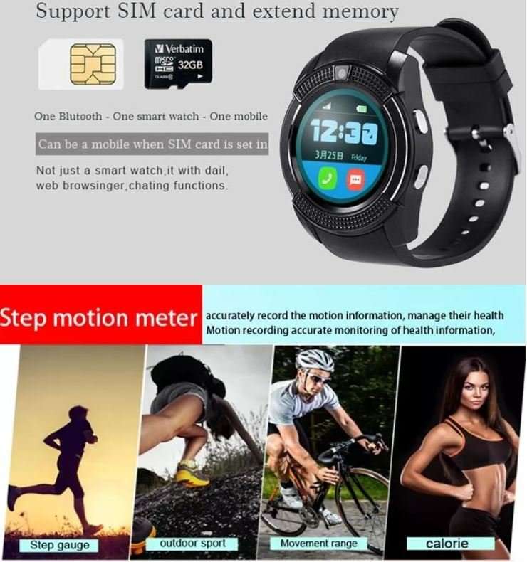 V8 Sporty Smart Watch Phone, SIM CARD, Bluetooth, Camera, Sleep Monitor, SD Card, Pedometer etc.