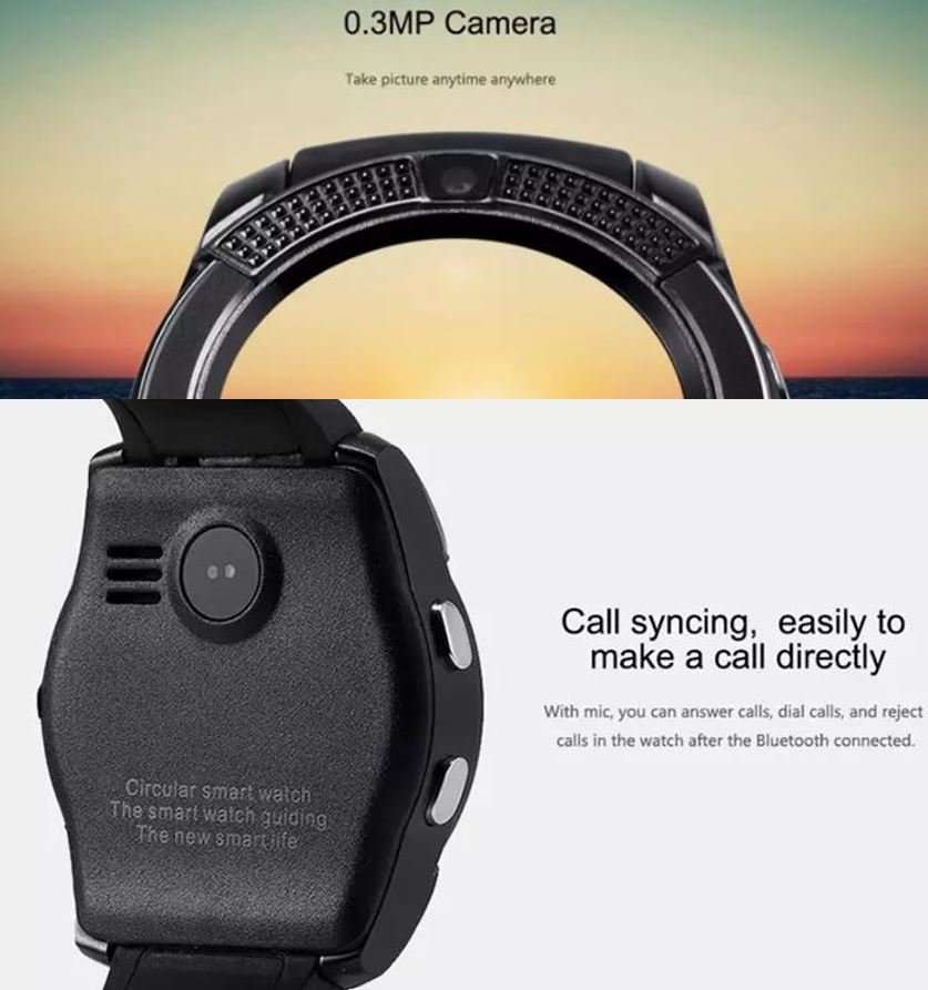 V8 Sporty Smart Watch Phone, SIM CARD, Bluetooth, Camera, Sleep Monitor, SD Card, Pedometer etc.