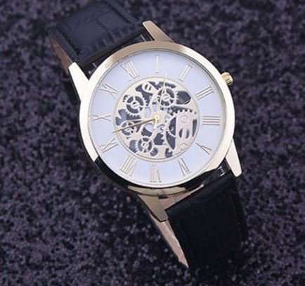 Trendy & Stylish Men's Leather Skeleton Wrist Watch in Gold & Brown OR Gold & Black