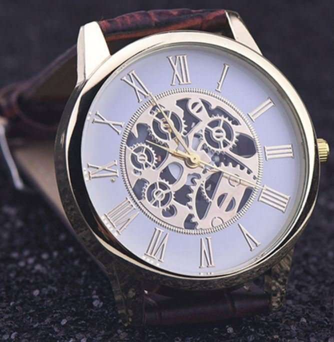Trendy & Stylish Men's Leather Skeleton Wrist Watch in Gold & Brown OR Gold & Black