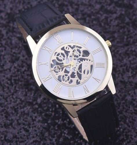 Trendy & Stylish Men's Leather Skeleton Wrist Watch in Gold & Brown OR Gold & Black