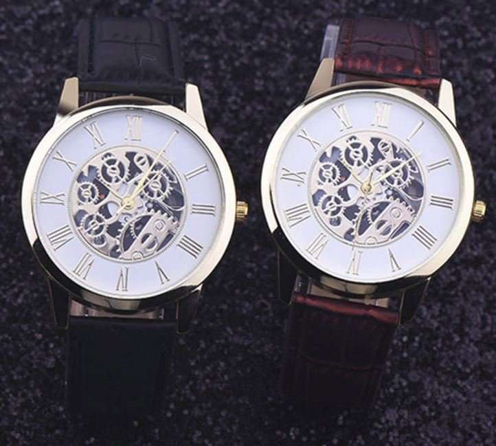Trendy & Stylish Men's Leather Skeleton Wrist Watch in Gold & Brown OR Gold & Black