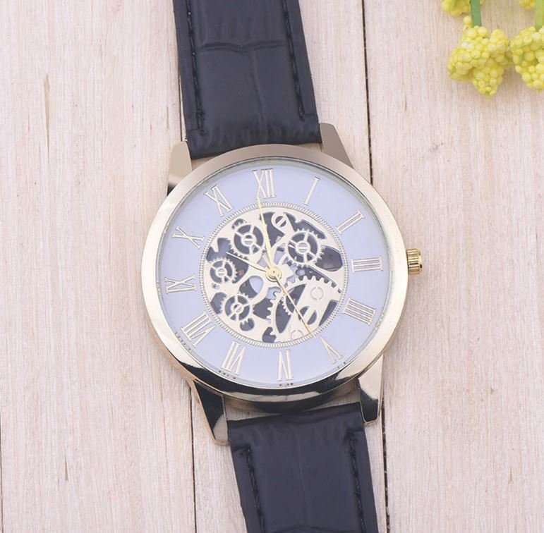 Trendy & Stylish Men's Leather Skeleton Wrist Watch in Gold & Brown OR Gold & Black