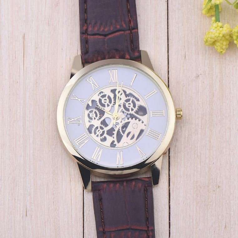 Trendy & Stylish Men's Leather Skeleton Wrist Watch in Gold & Brown OR Gold & Black