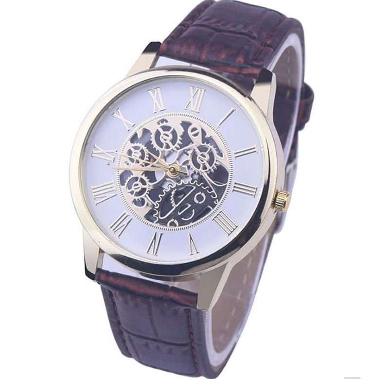 Trendy & Stylish Men's Leather Skeleton Wrist Watch in Gold & Brown OR Gold & Black