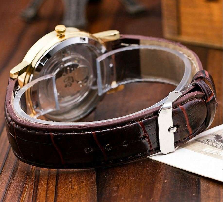 Stylish Men's Leather Skeleton Wrist Watch in Gold & Brown OR Gold & Black