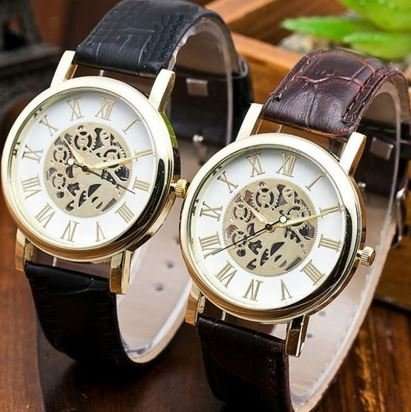 Trendy & Stylish Men's Leather Skeleton Wrist Watch in Gold & Brown OR Gold & Black
