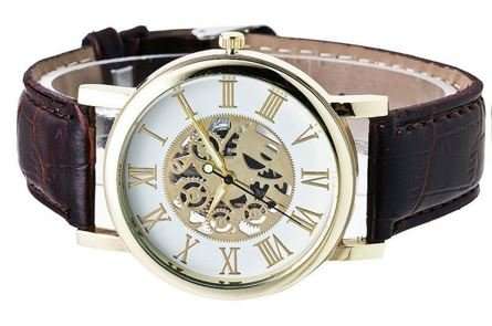 Trendy & Stylish Men's Leather Skeleton Wrist Watch in Gold & Brown OR Gold & Black