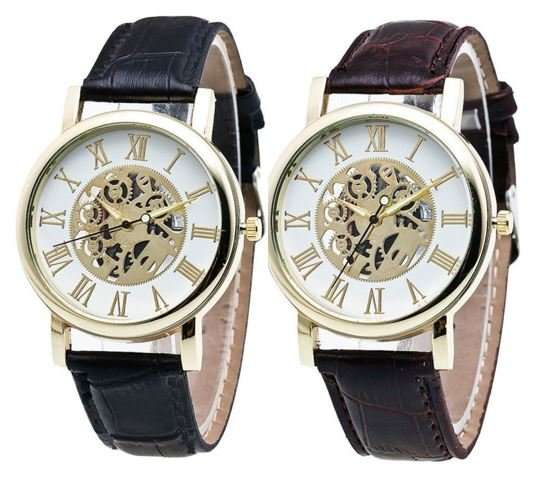 Stylish Men's Leather Skeleton Wrist Watch in Gold & Brown OR Gold & Black