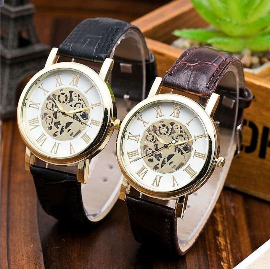 Stylish Men's Leather Skeleton Wrist Watch in Gold & Brown OR Gold & Black