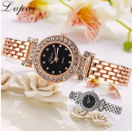 Elegant Ladies LVPAI Crystal Diamante Quartz Wrist Watch in Gold or Silver