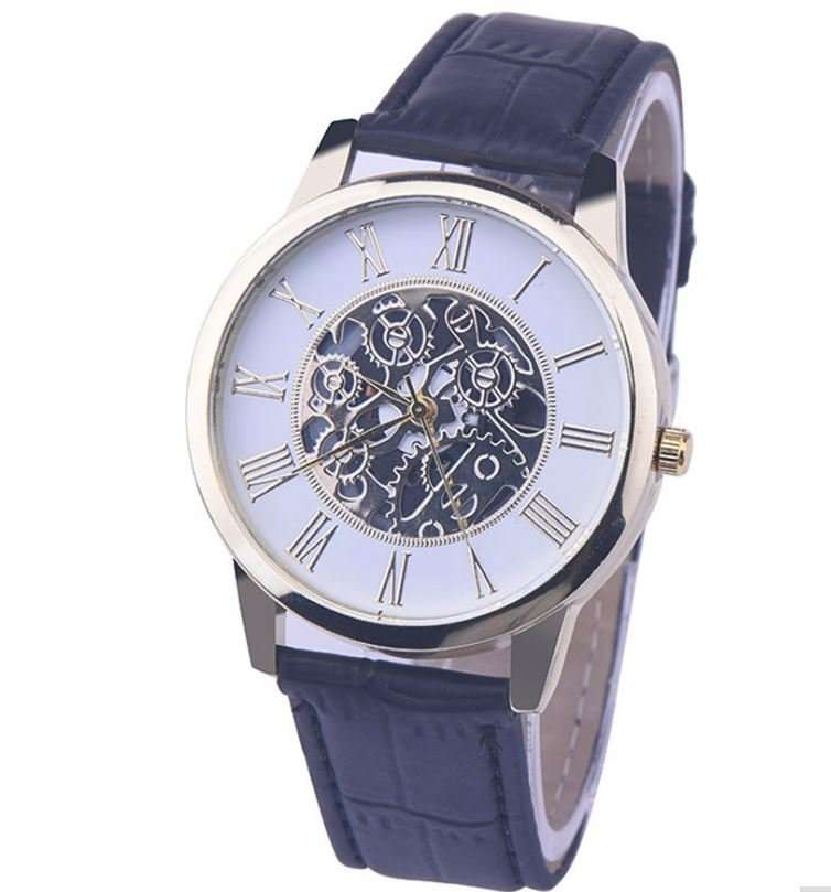 Stylish Men's Leather Skeleton Wrist Watch in Gold & Brown OR Gold & Black