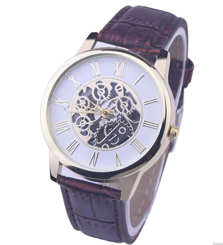 Stylish Men's Leather Skeleton Wrist Watch in Gold & Brown OR Gold & Black