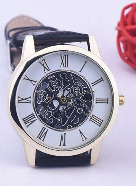 Stylish Men's Leather Skeleton Wrist Watch in Gold & Brown OR Gold & Black