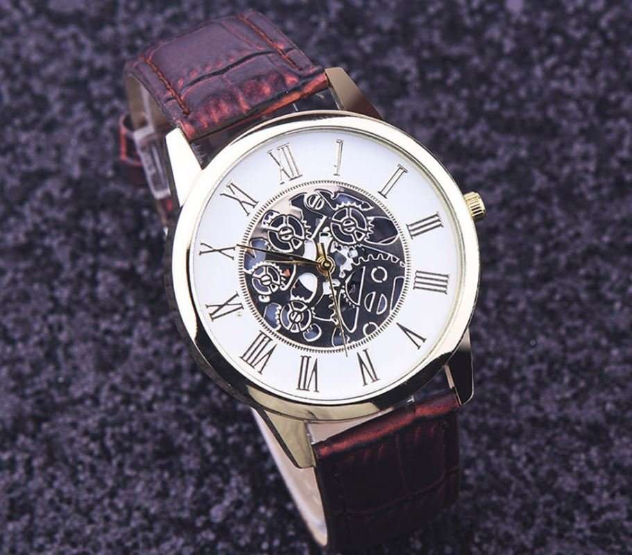 Stylish Men's Leather Skeleton Wrist Watch in Gold & Brown OR Gold & Black