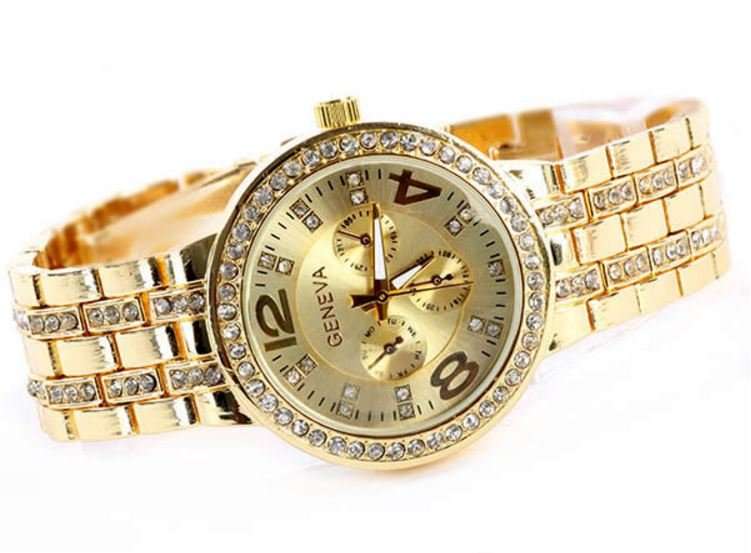 Elegant Ladies Geneva Crystal Quartz Chronograph Wrist Watch in Gold or Silver