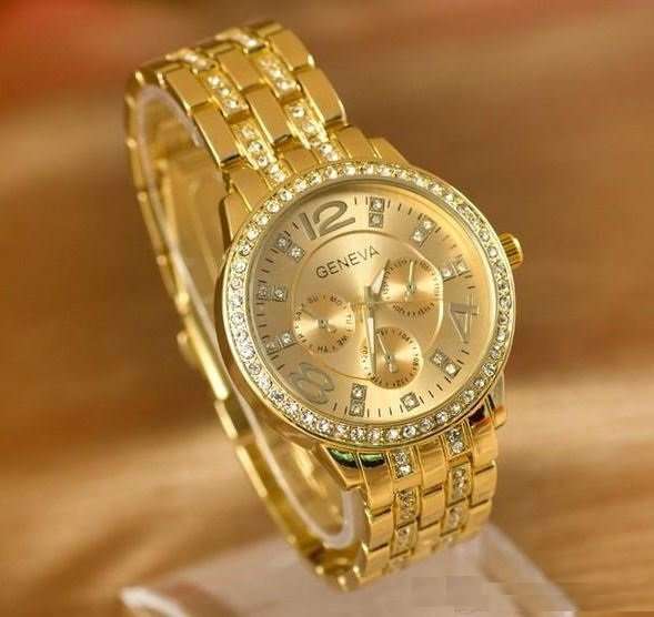 Elegant Ladies Geneva Crystal Quartz Chronograph Wrist Watch in Gold or Silver
