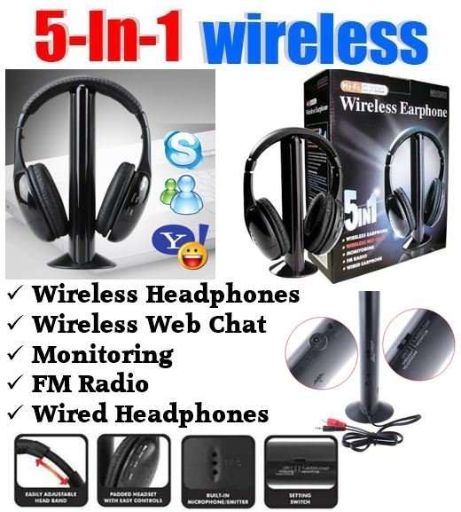 5 IN 1 Wireless Headphones - MP3 / MP4, PC, TV, CD, FM Radio