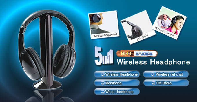 5 IN 1 Wireless Headphones - MP3 / MP4, PC, TV, CD, FM Radio