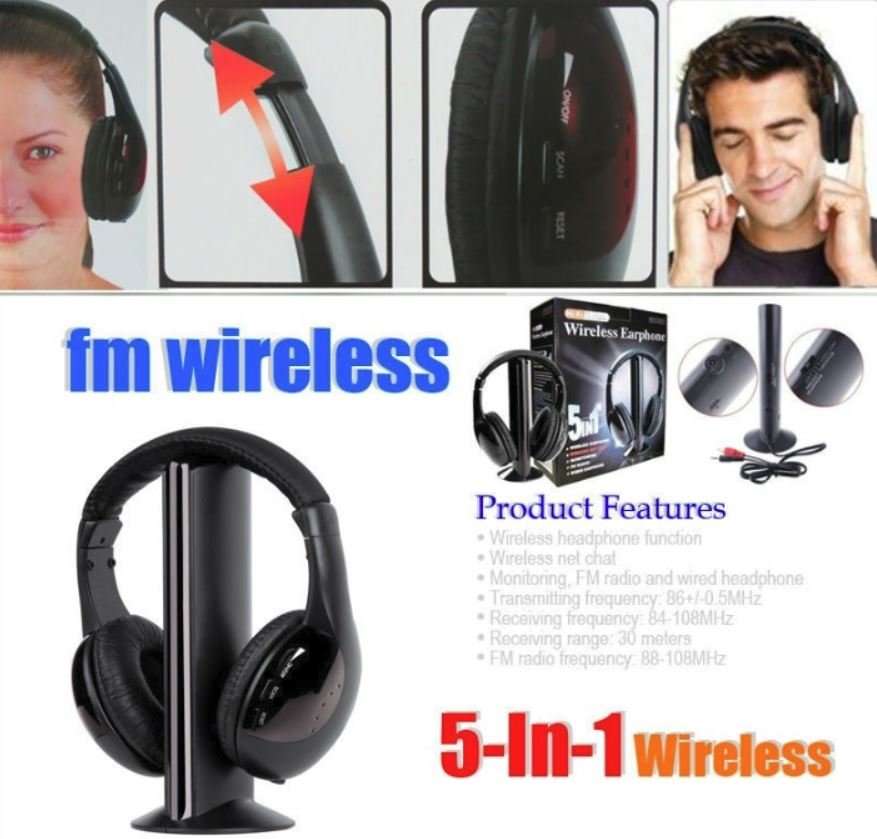 5 IN 1 Wireless Headphones - MP3 / MP4, PC, TV, CD, FM Radio