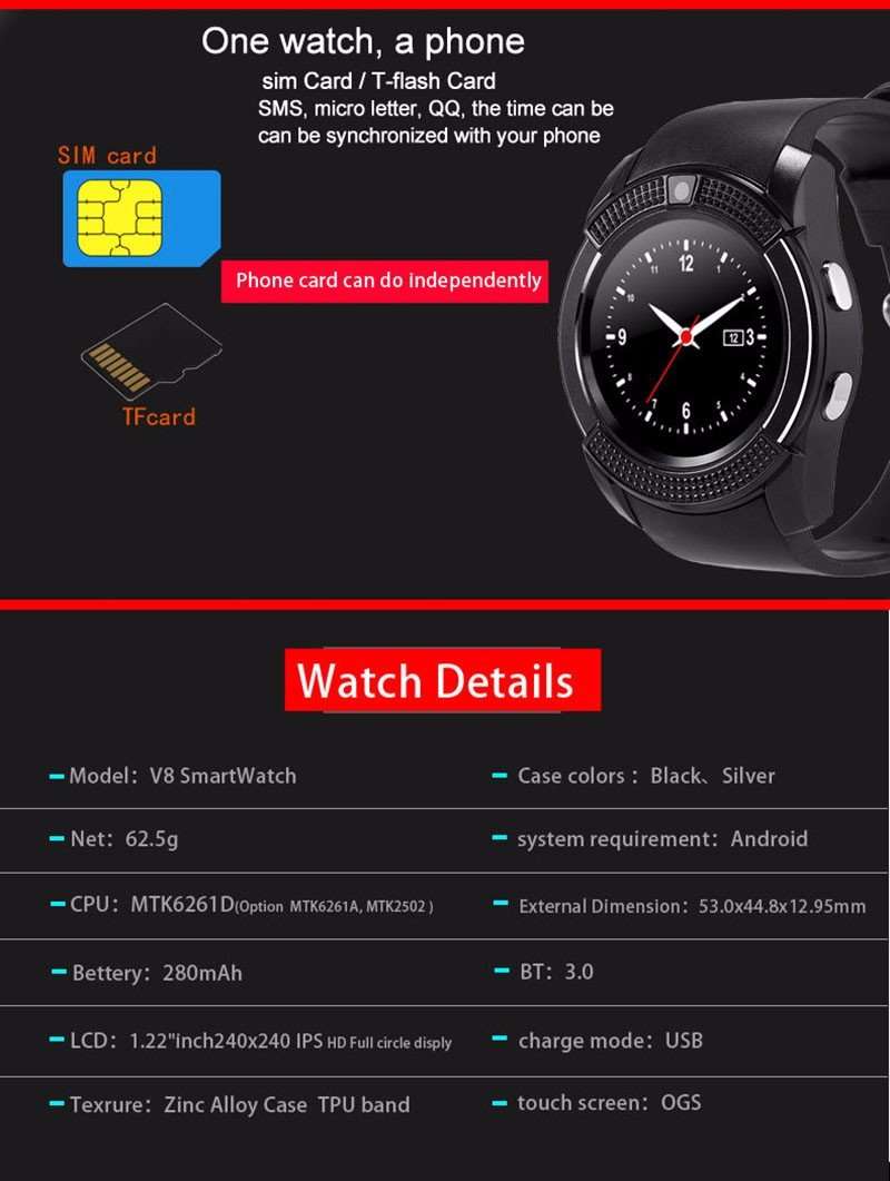 Professional Smart Watch Phone Support SIM CARD, Bluetooth, Camera, SD Card, Pedometer etc.