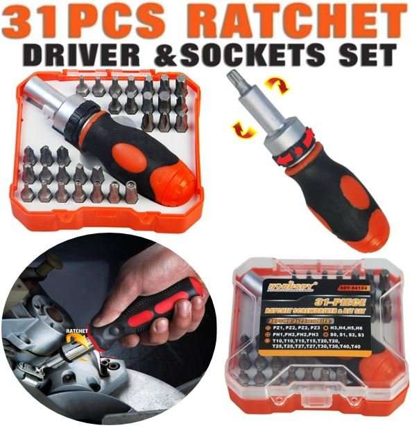 31 Piece Ratchet Screwdriver & Bit Set - Professional 360 Degree Rotating Ratchet Wheel