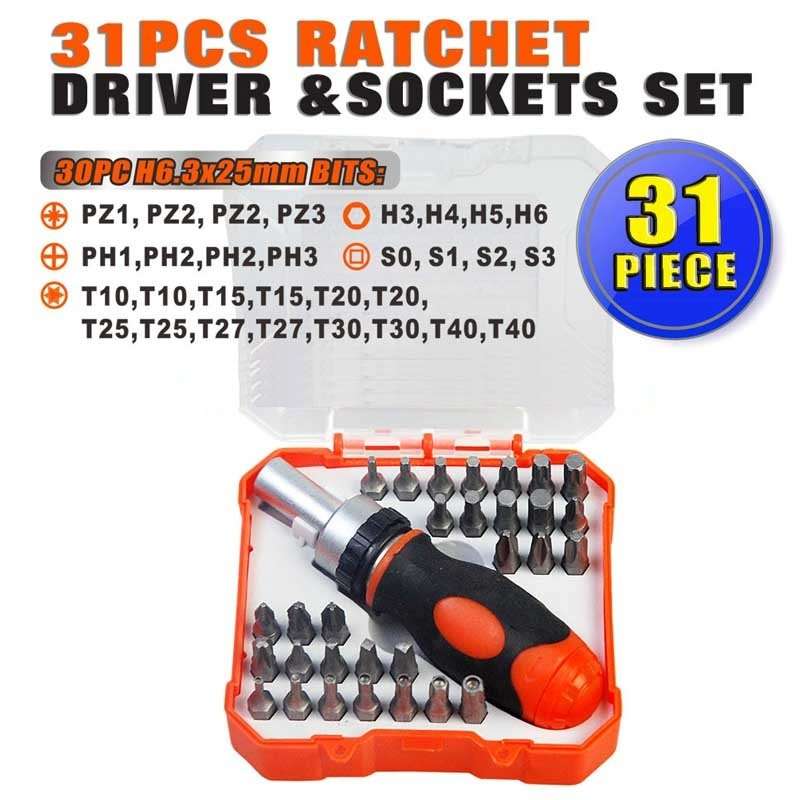 31 Piece Ratchet Screwdriver & Bit Set - Professional 360 Degree Rotating Ratchet Wheel