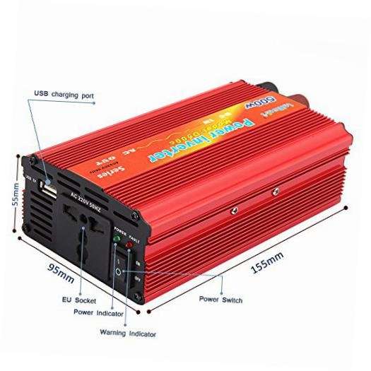 500W Power Inverter 12V DC to 220V AC With USB Ports, Battery Clips & Lighter Plug