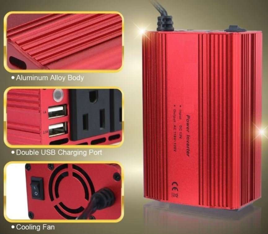 500W Power Inverter 12V DC to 220V AC With USB Ports, Battery Clips & Lighter Plug