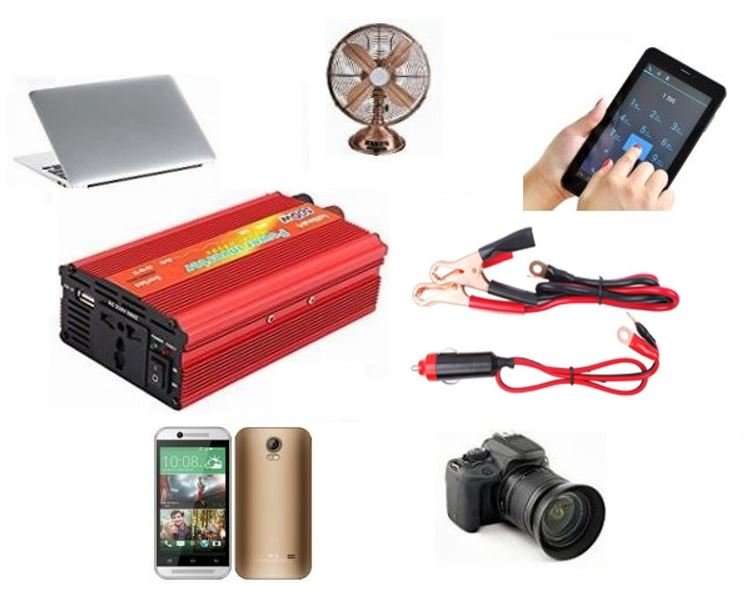 500W Power Inverter 12V DC to 220V AC With USB Ports, Battery Clips & Lighter Plug