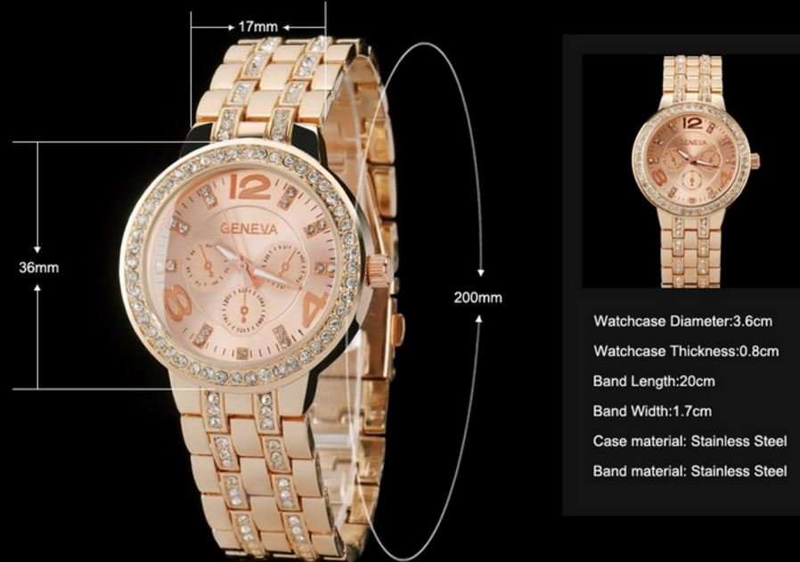 Elegant Ladies Geneva Crystal Quartz Chronograph Wrist Watch in Rosegold, Gold or Silver