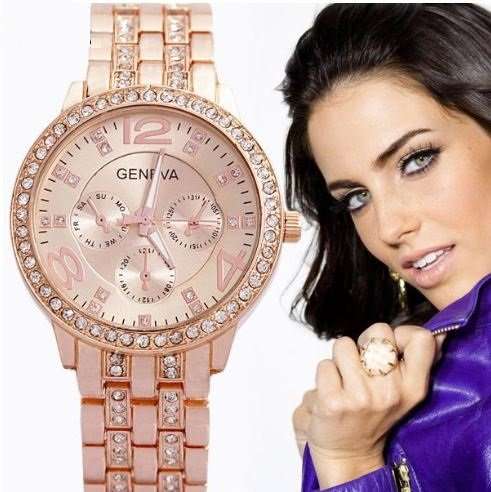 Elegant Ladies Geneva Crystal Quartz Chronograph Wrist Watch in Rosegold, Gold or Silver