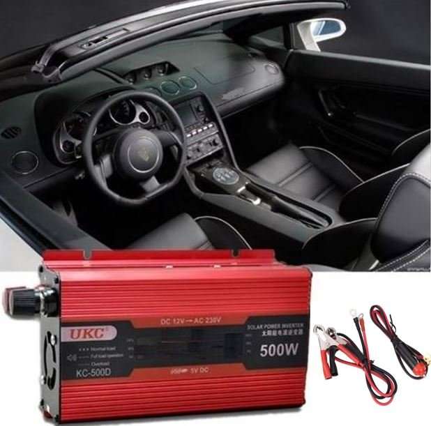500W Power Inverter 12V DC to 220V AC With USB Ports, Battery Clips & Lighter Plug