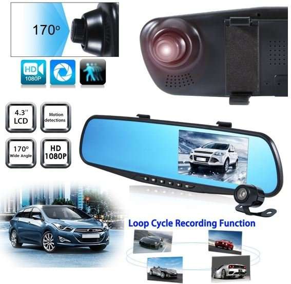 170 Degree Wide Angle Rear View Mirror Camera, Support SD Card, Motion Detection, Loop Recording ...