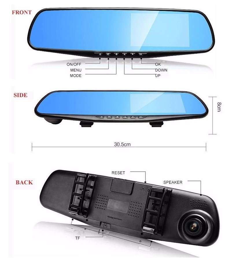 170 Degree Wide Angle Rear View Mirror Camera, Support SD Card, Motion Detection, Loop Recording ...