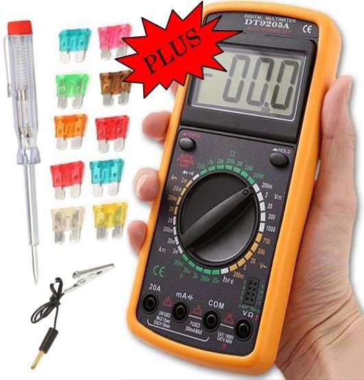 COMBO DEAL - LCD Display Digital Multimeter AC DC Voltage PLUS 10 Piece Fuses & Tester Pen Set