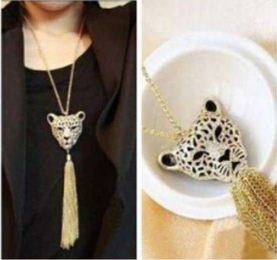 Elegant 18K Golden Chain Necklace With Rhinestone Leopard Head Pendant With Tassel in Gift Box