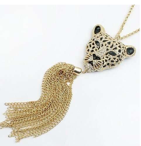 Elegant 18K Golden Chain Necklace With Rhinestone Leopard Head Pendant With Tassel in Gift Box