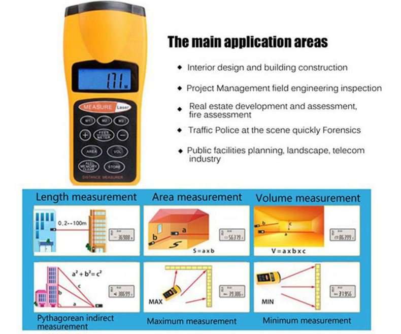 Ultrasonic Laser Distance Meter - Metric or Imperial Measurement With Area & Volume Calculation