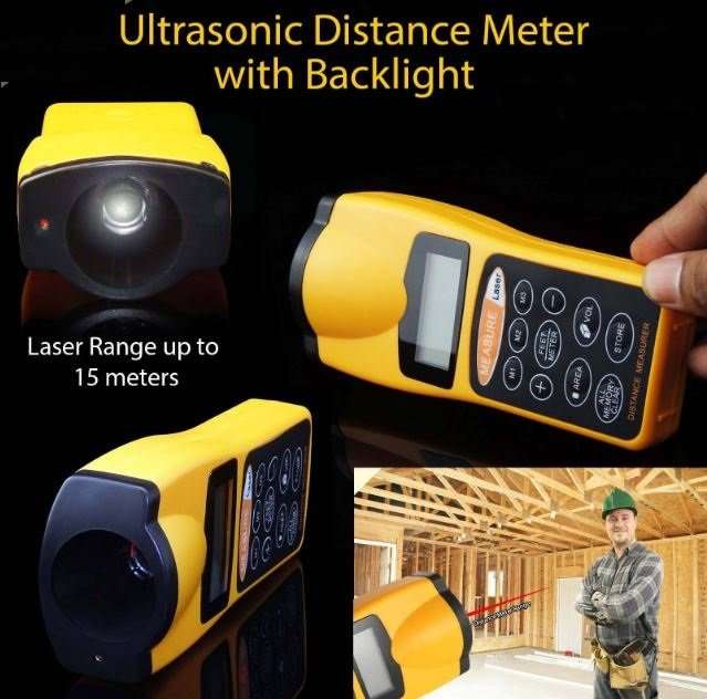 Ultrasonic Laser Distance Meter - Metric or Imperial Measurement With Area & Volume Calculation