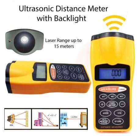 Ultrasonic Laser Distance Meter - Metric or Imperial Measurement With Area & Volume Calculation